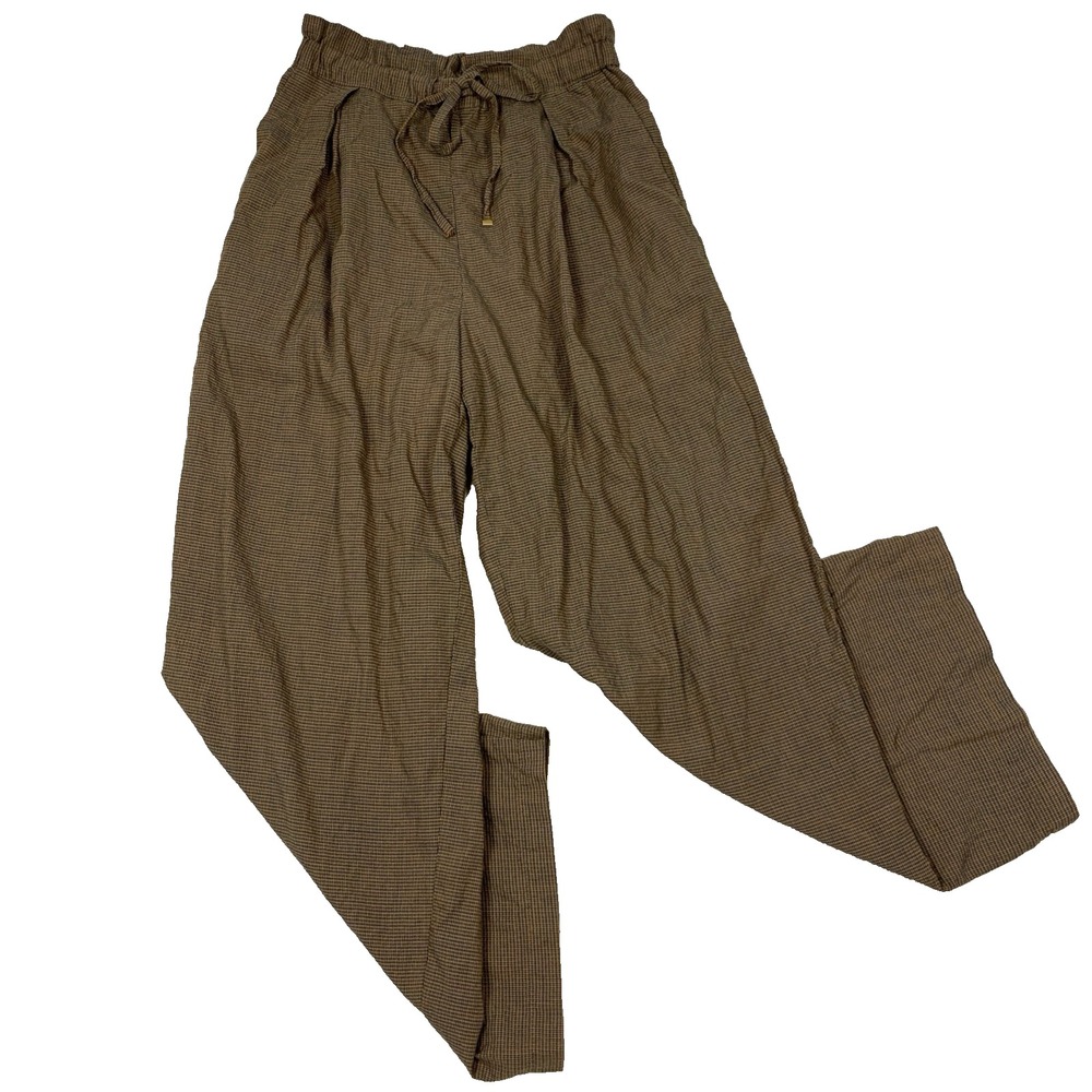 niko and... Gingham Micro Check Paperbag Waist Wide Leg Pants Blue Brown Size 4